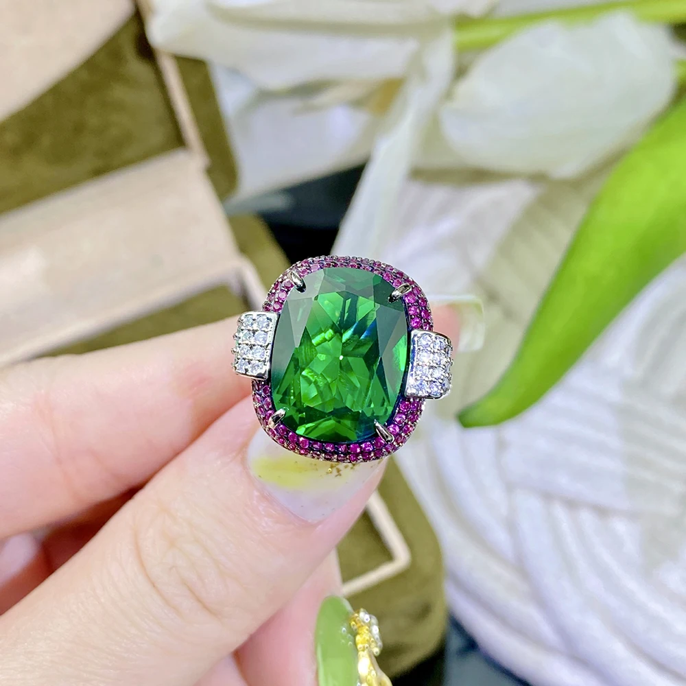 Vintage Silver Color 12*16MM Ruby Emerald Rings for Women Wedding Bands Gemstone Cocktail Party Jewelry Female Anniversary Gifts