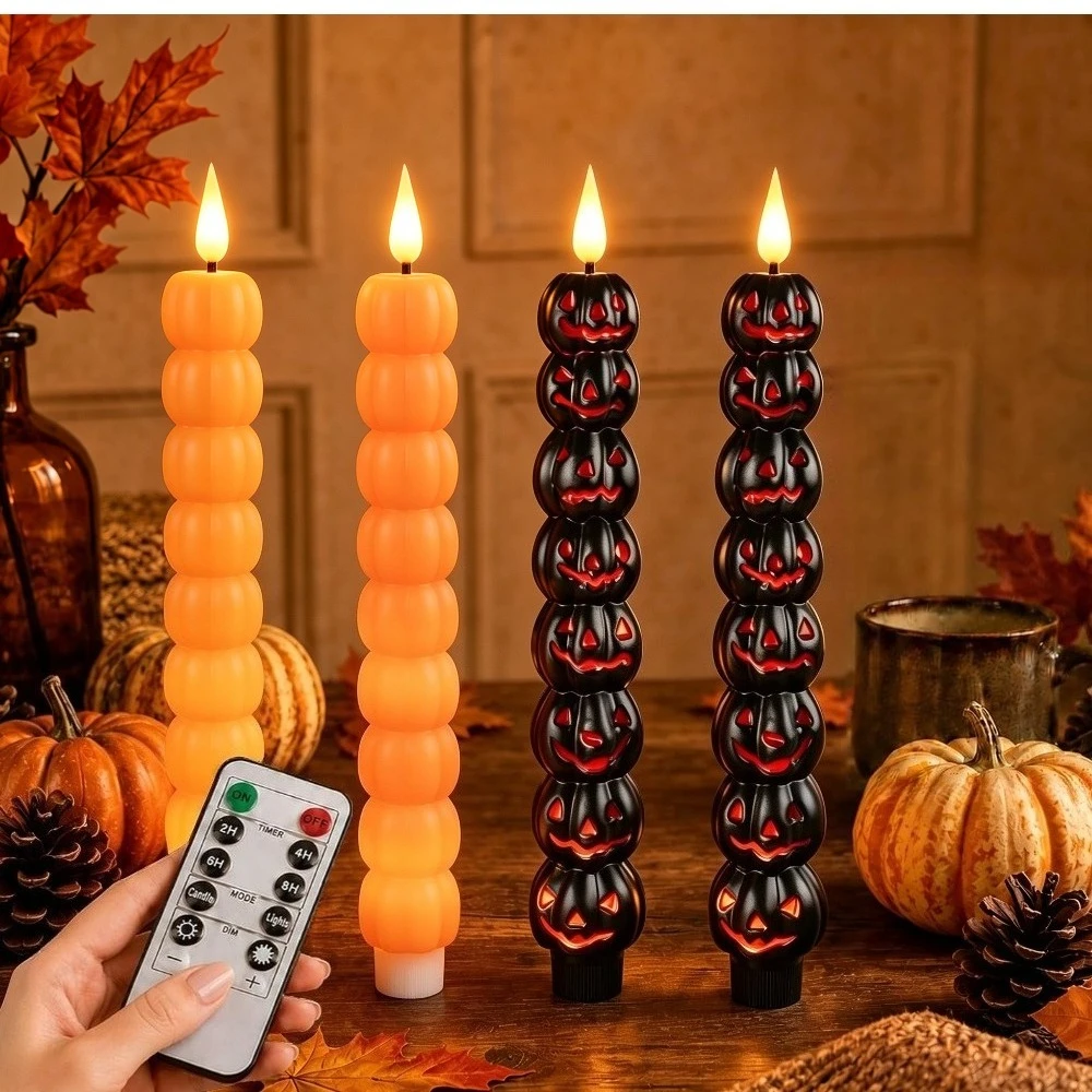 Autumn Pumpkin LED Taper Candles Flickering Flameless Battery Operated Electric Candlesticks for Thanksgiving Halloween Decor