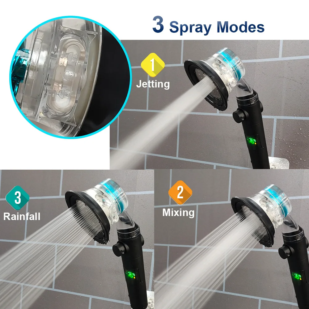 3 Modes Propeller Shower Digital Temperature Display High Pressure Shower Head with Button Hand Showerhead Bathroom Accessories