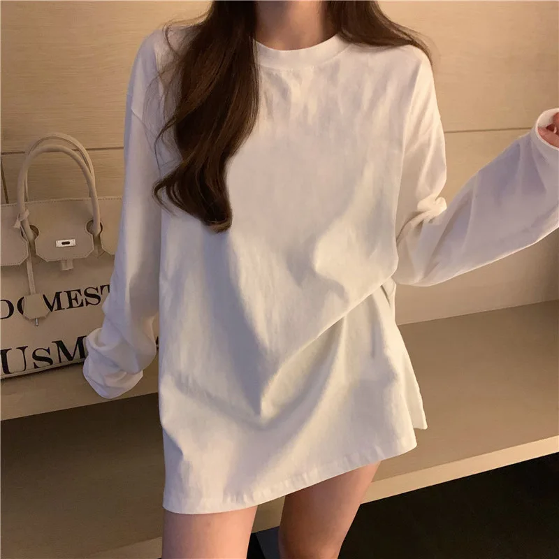 

White Long Sleeve T-Shirt For Women 2026 Spring Loose Sweatshirt Layered Inner Base Shirt Pure Cotton Top College Style