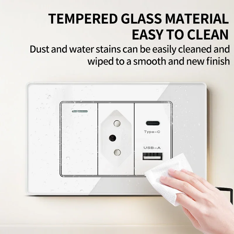 Tempered Glass Wall Socket 3 Gang USB-C USB-A Outlet Brazil Standard Type-C Wall Switch Home Office Use CE RoHS