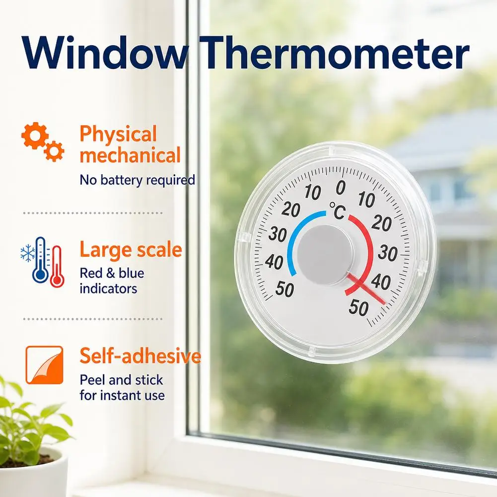 No Battery Round Self Adhesive Window Thermometer -50~50℃ Mechanical Temperature Gauge Stick on Window Glass Home Thermometer