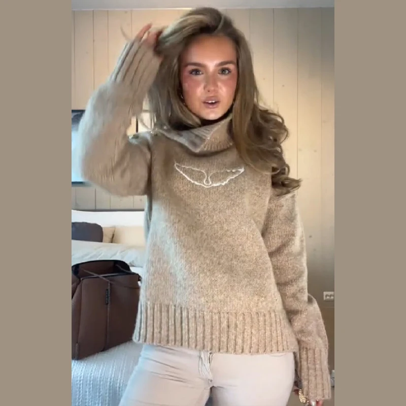 

High Collar Women's Sweater Wing Printed Pullovers Fashion Button Long Sleeve Comfort Top 2025 NEW Casual Spring Lady Sweaters