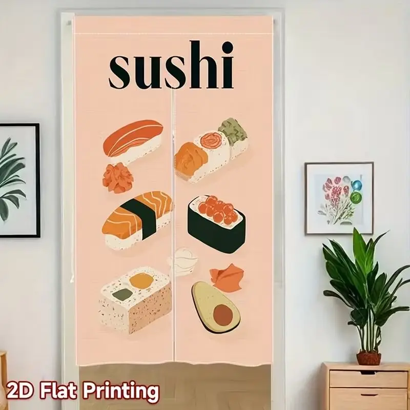 VIKAMA Sushi Half-Door Curtain, Cute Cartoon Sushi and Salmon Print Fabric Curtain, Kitchen and Home Decor