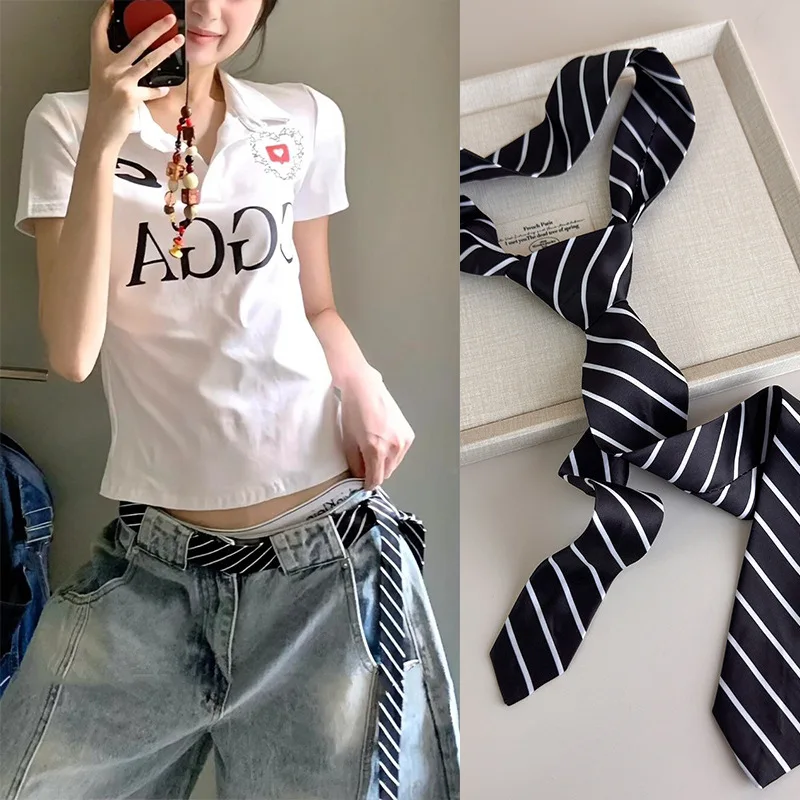 Sweet Pink Puppy Striped Tie Belt Elegant Niche for Women, Vintage Bohemian Silk Scarf Wrap, Neck Head Daily Travel Gift Trendy