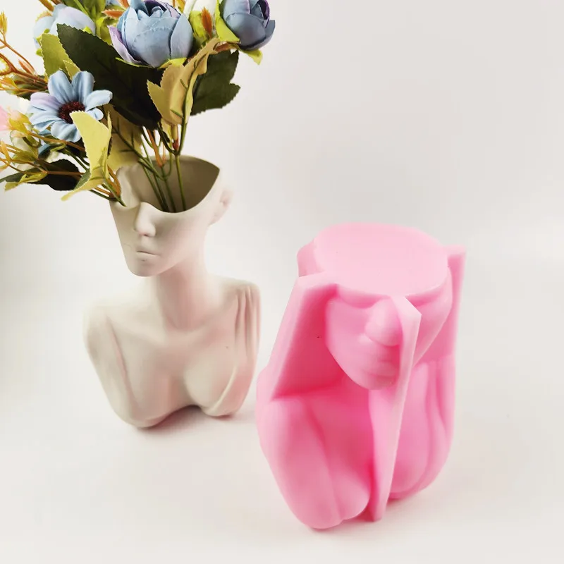 Large Half Body Silicone Flowerpot Mold Succulent Plants Cement Vase Resin Silicone Mold Hydroponic Vase Gypsum Concrete Mold