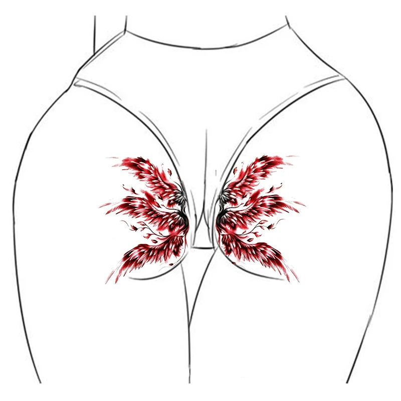 Black and Red Feathered Hip and Abdomen Sexy Pattern Temporary Stickers, Waterproof and Sweatproof, Realistic Color Tattoo