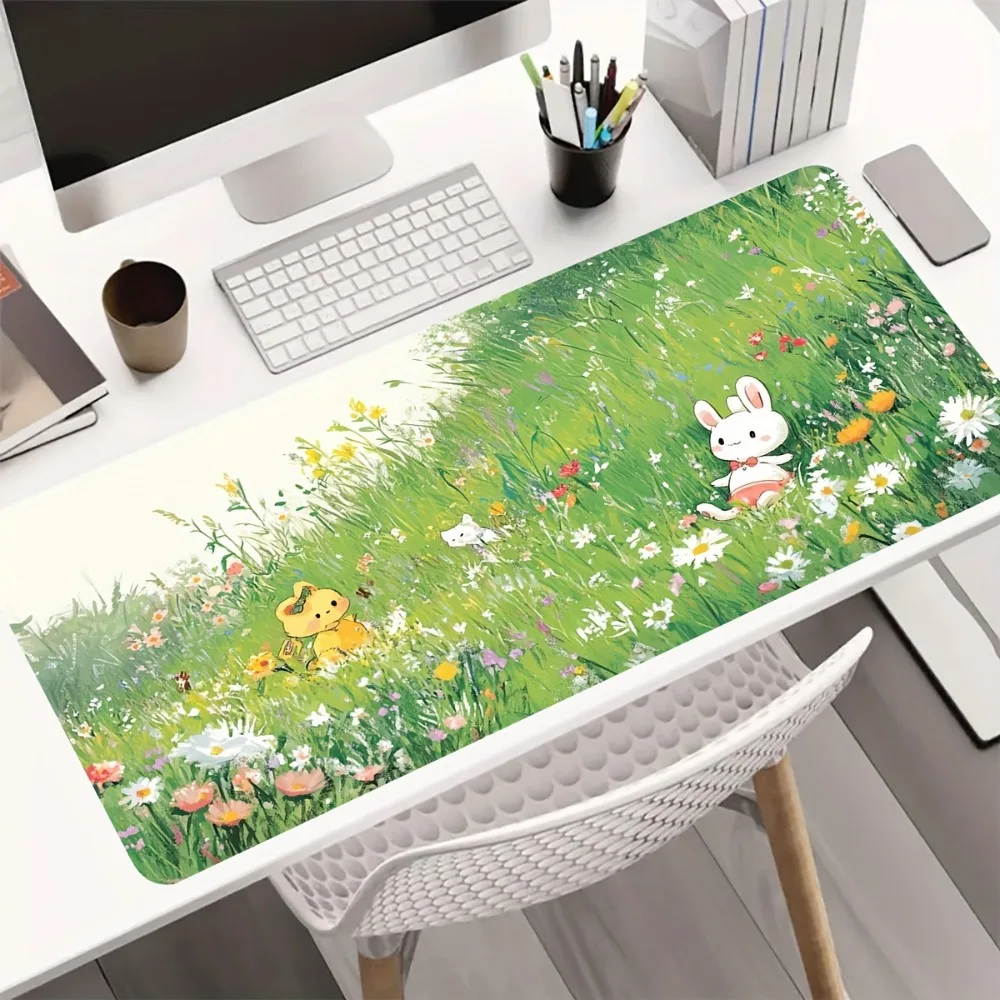 

Cute Bunny & Bear Large Desk Mat, Green Meadow Wildflower Pattern, Kawaii Nature-Themed Keyboard Pad for Home Office Decor