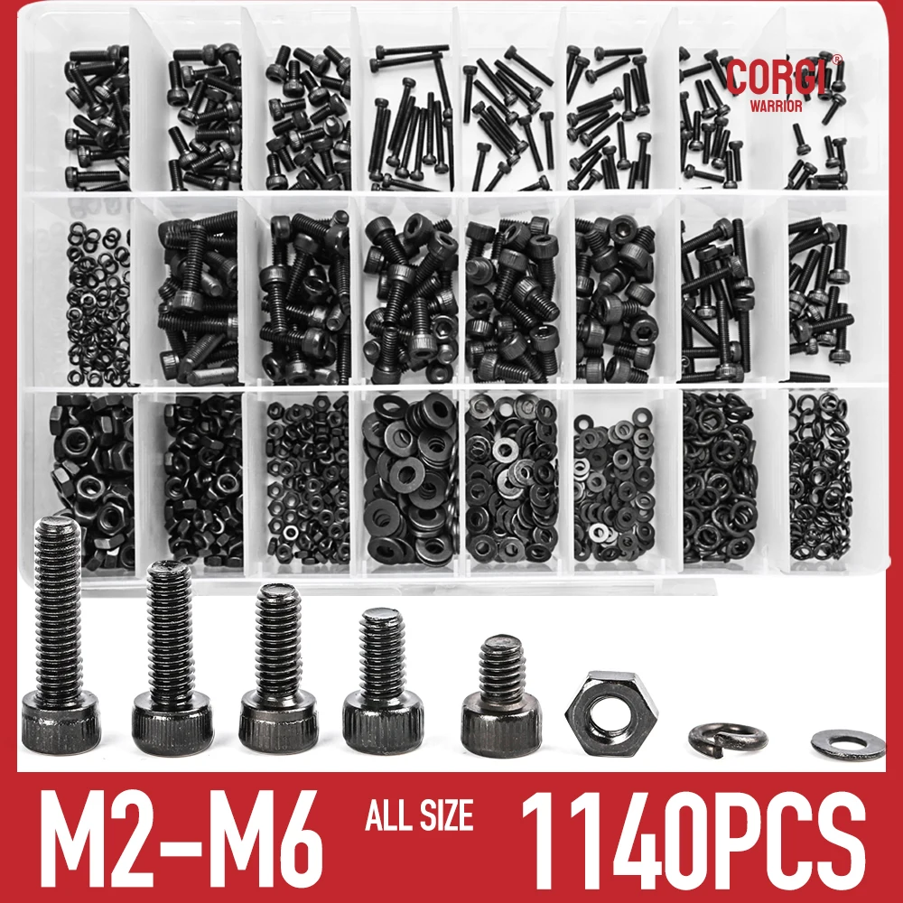 1140 Alloy Steel 12.9 Grade Hex Socket Head Cap Screws Bolts Assortment Kit M2 M2.5 M3 M4 M5 M6 Black Metric with Nuts Washers