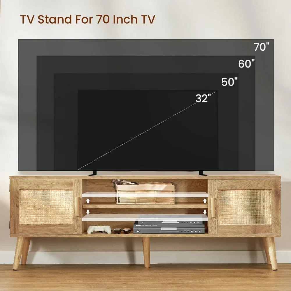 Iwell Boho Rattan Mid Century Modern TV Stand for 55 65 70 Inch TV, Large TV Console, Entertainment Center with Adjustable Shelf image 6