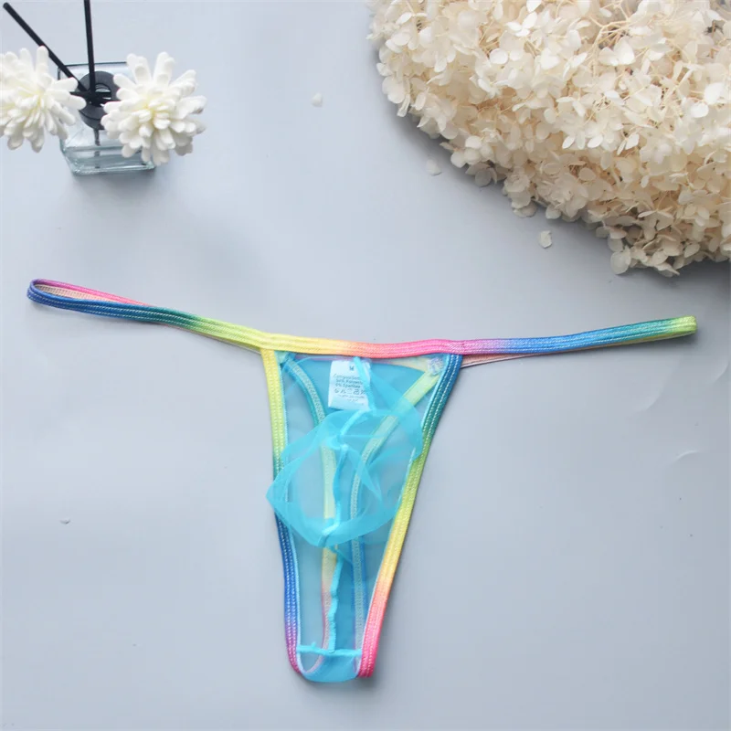 Tanga con parte trasera en T para hombre, ropa interior Sexy, lencería con perspectiva, suspensorio Gay, malla transparente