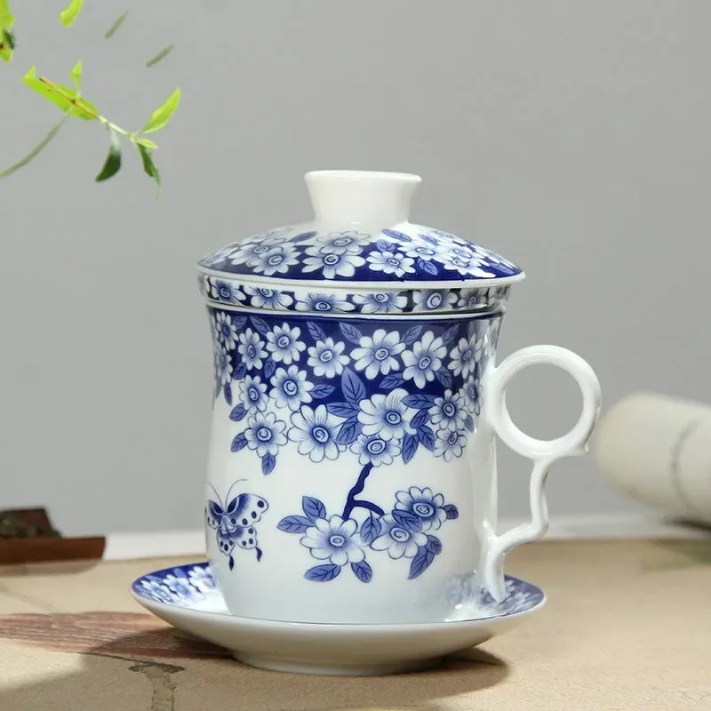 Retro Chinese Blue White Porcelain Tea Cup Set with Saucer Lid Infuser 260ml Ceramic Teacup with Tea Filter