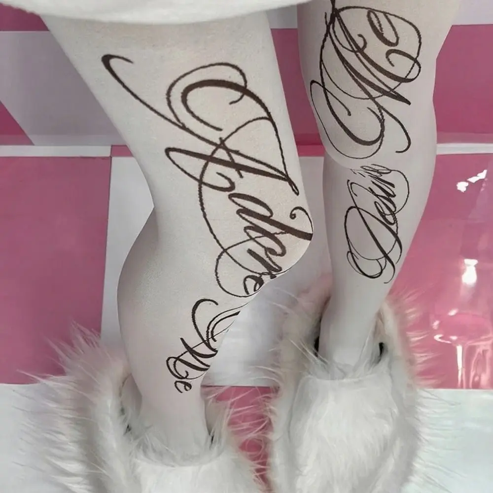 White Y2K Women's Long Socks Gothic Versatile Sexy Stockings Lingerie Subculture Silk Letter Printed Pantyhose Daily Use