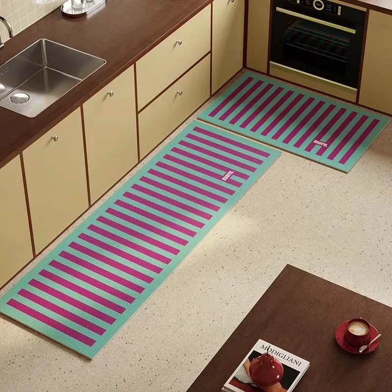 Kitchen Rug PVC Leather Waterproof Non-Slip Long Carpet Oil-proof Floor Mat Yellow Striped Rugs Home Decor Alfombra De Cocina
