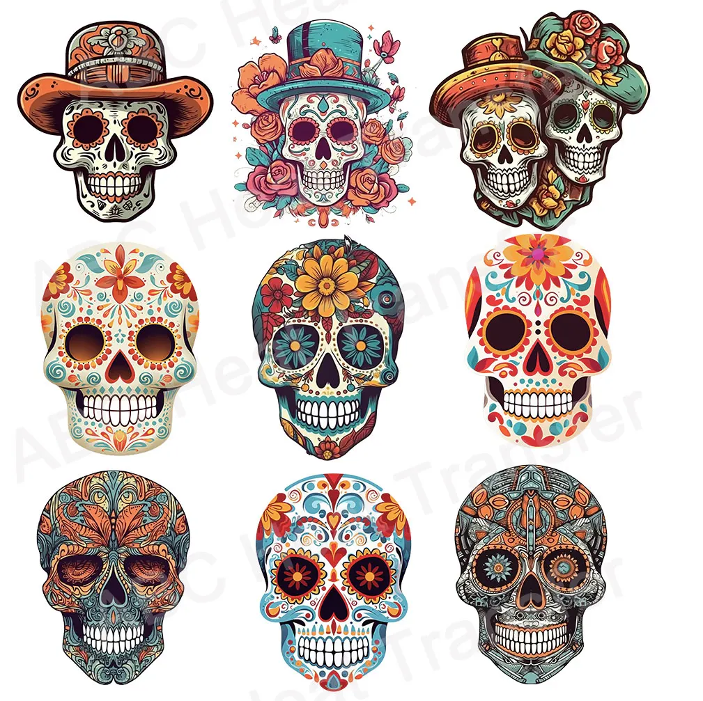 Mexican Skull Iron On Transfer For Clothing 3D Patches Iron On Sticker Europe Thermal Heat Transfer For Diy Woman Clothes Decor