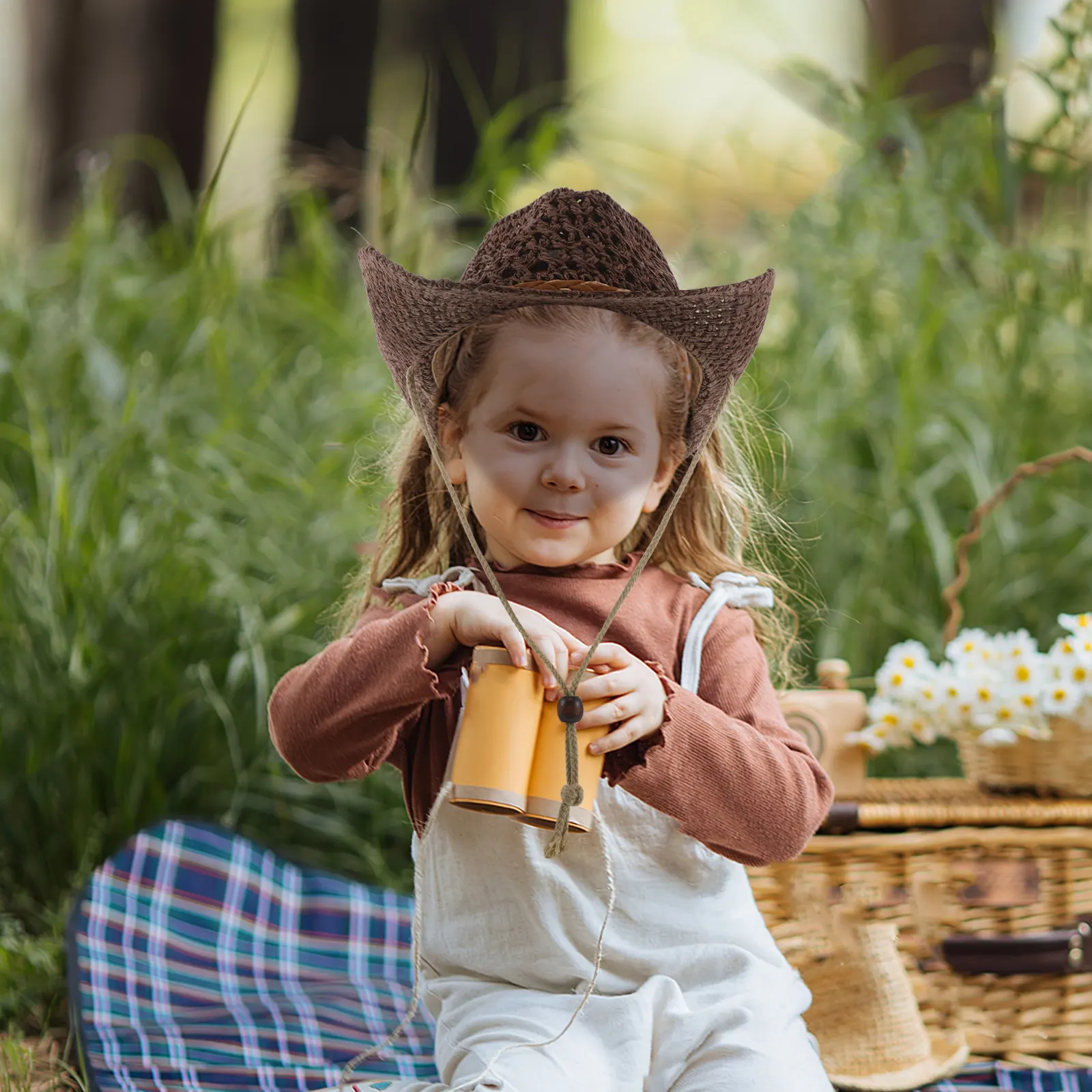 Straw Cowboy Hat Kids Breathable Wide Brim Sun Protection Chin Strap Outdoor Beach Travel Hiking Western Cowgirl Sun Cap