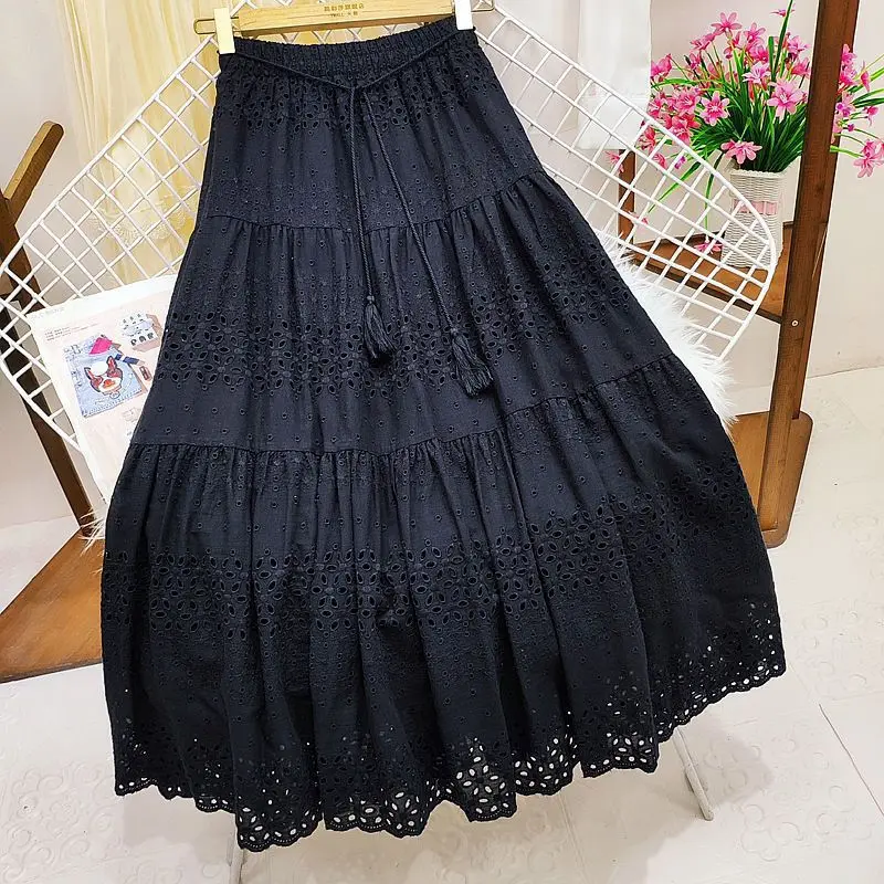 2024 Crochet Hollowed Out Lace Skirt for Women Spring Summer Elegant Solid All-match A Line Belt High Waist Midi Long Skirt