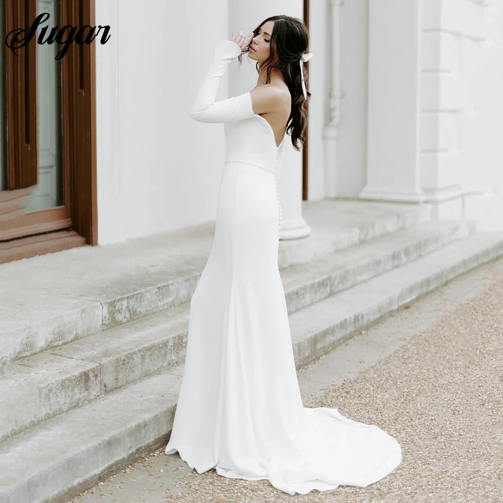 Ivory Mermaid satynowe suknie ślubne Off Shoulder długie rękawy proste suknie ślubne Sexy Backless Beach Brides Dress szaty