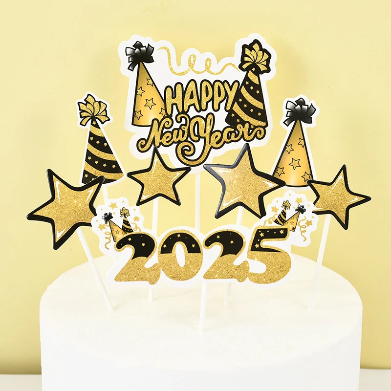 

8pcs/set New Year 2025 Cake Toppers Set Gold Happy New Year Glitter Gold Black Star Cupcake Toppers Christmas Eve Party Supplies