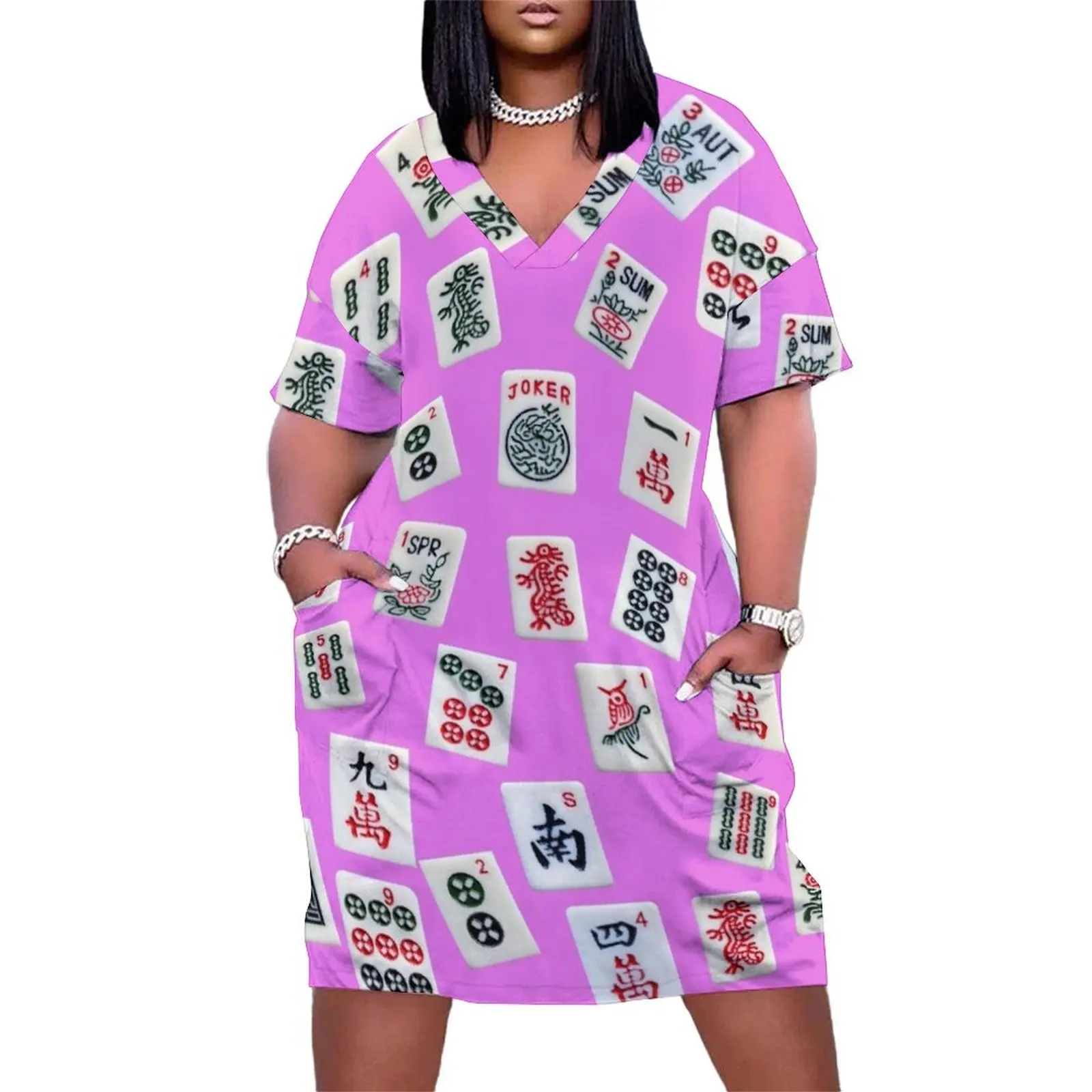 

Mahjongg game tiles design on pink color Loose Pocket Dress bandage dress evening dresses ladies