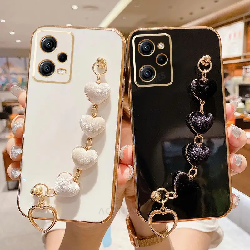 Pocox5 Love Heart Bracelet Case On For Xiaomi Mi Poco X5 Pro X4 X4pro 5g X5pro X3 M4 M5 F4 Gt F3 M3 Chain Plating Silicone Cover