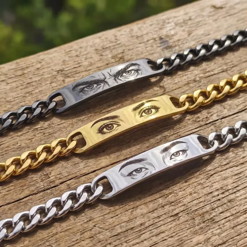  Custom Engraved Eyes Pattern Cuban Link Bracelet Personalized Stainless Steel For Men Women Couple Jewelry Valentine Gift