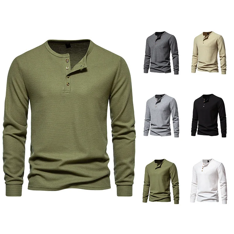 

Autumn and Winter New Long Sleeved T-shirt Men's Four Button Waffler Henry Neck Men's Long Sleeved T-shirt Bottom