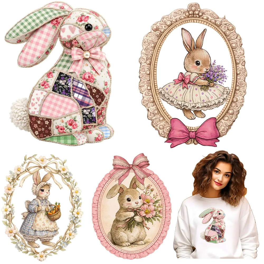 Vintage Patchwork Bunny Iron On Patches Transfers Cute Rabbit Heat Transfer Stickers for T Shirts Hoodies DIY Easter Crafts