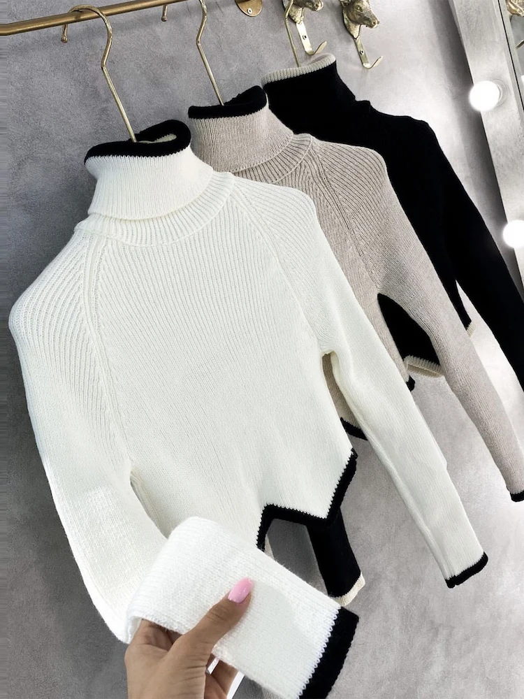 Tossy Cropped Turtleneck Sweaters For Women Knit Long Sleeve Slim Pullover 2022 New Patchwork Knitwear Crop Sweater Jumper