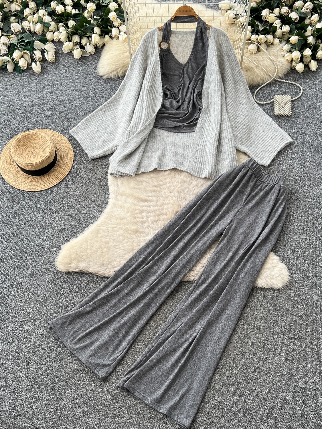 Commute Style Knitted Open Cardigan Three Piece Set Women's High Waist Wide Leg Pants Slimming Ensemble Autumn Fashion