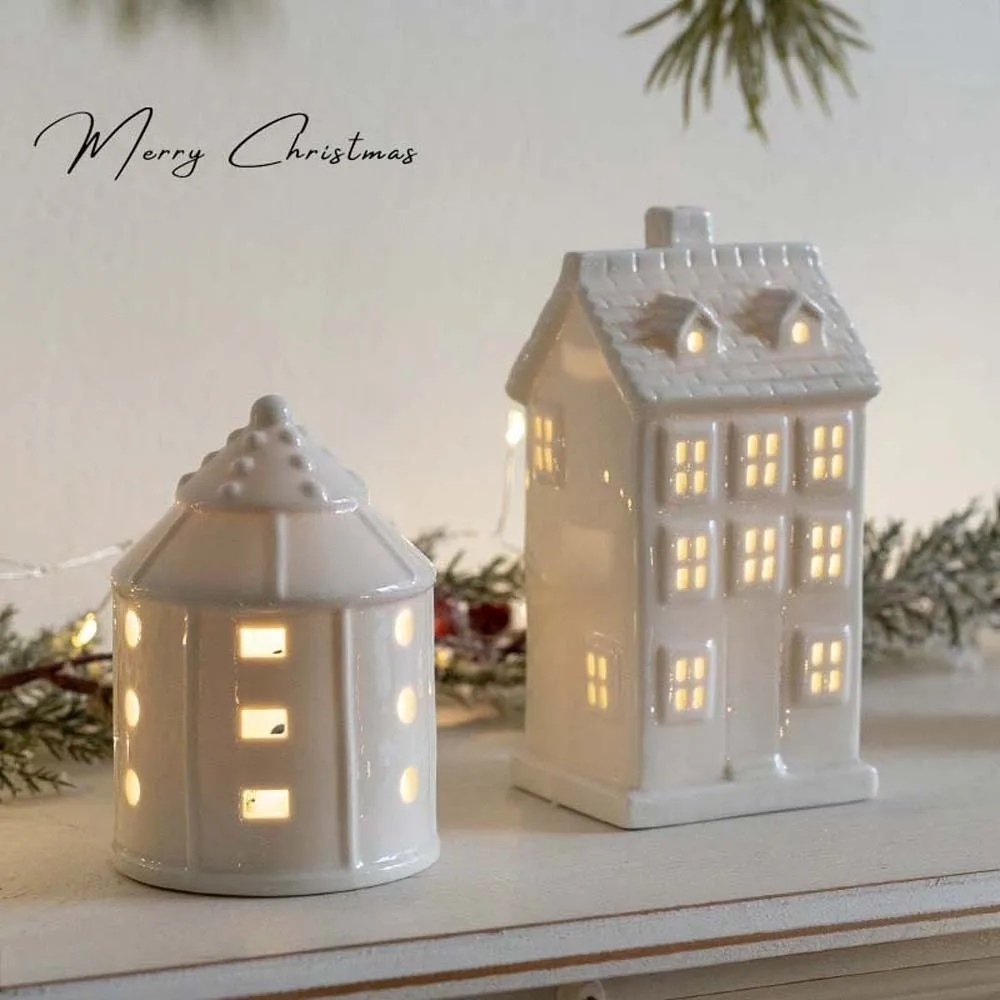 Ceramic Porcelain Lamp Ornament Button Batteries LED Christmas Atmosphere Lights Star Glowing Effect House-shaped Night Lamp