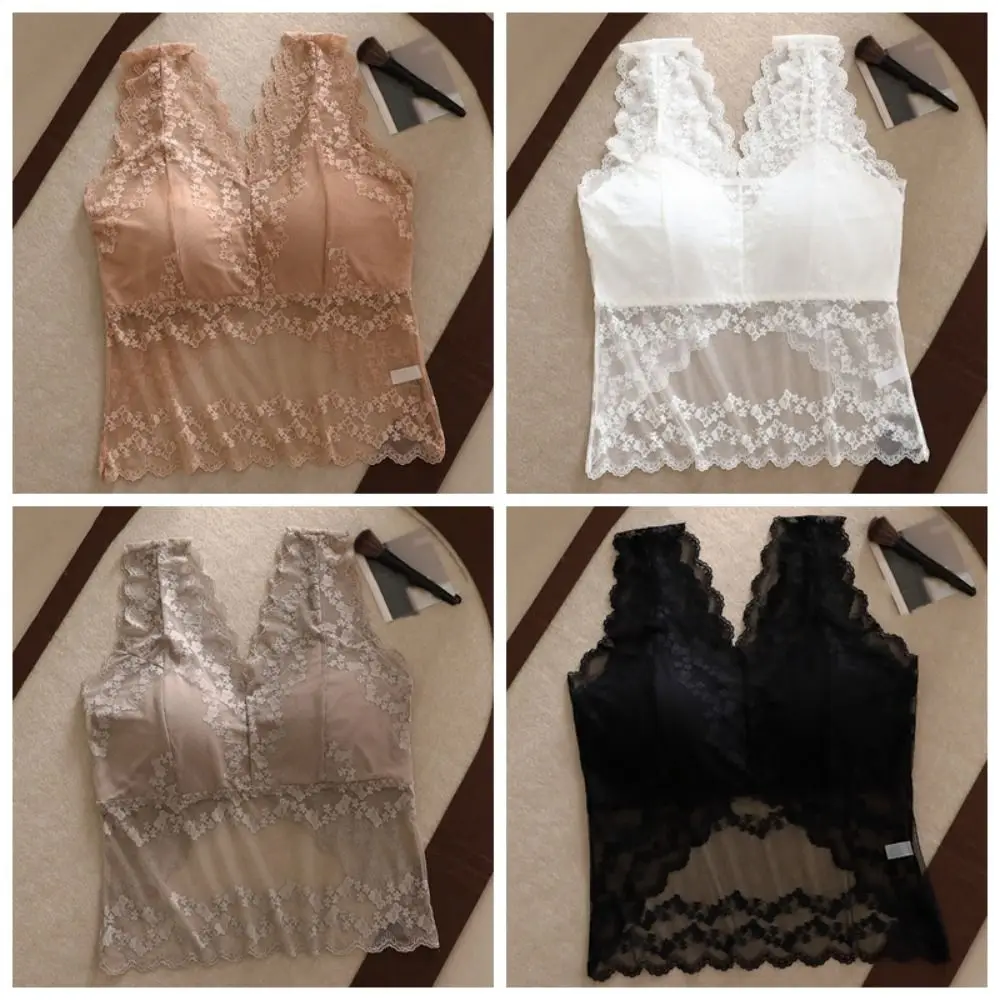 Mesh Transparent Lace Deep-v Camisole Thin Slim Fit Lace Crop Tops Undershirt Sleeveless Suspender Vest with Pads Spring Summer