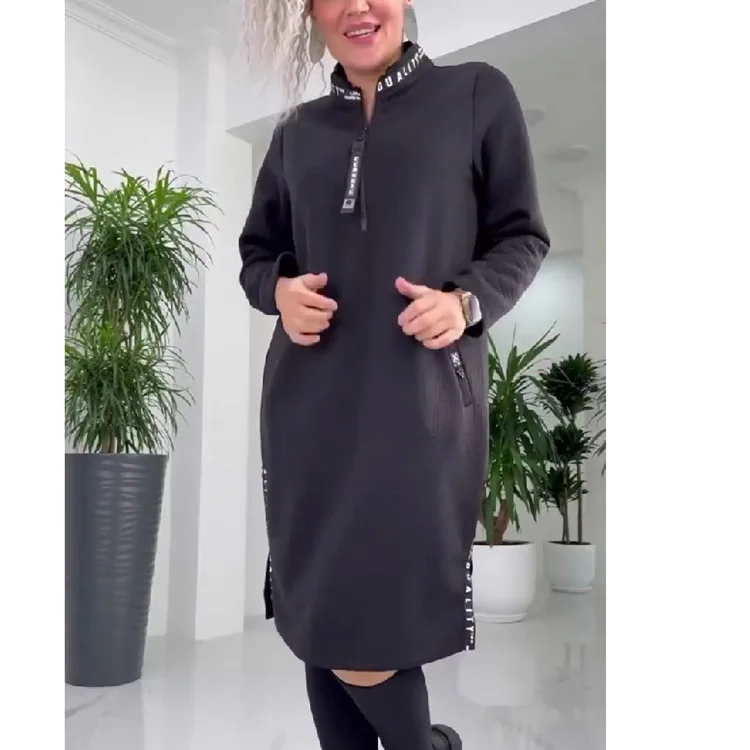 Women Knit Dress Half Zipper Solid Midi Dresses Straight Long Sleeve Pockets Vestidos Split Casual Spliced Autumn Winter Loose