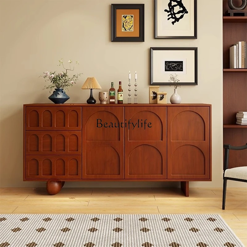 4Medieval style chest cabinet solid wood drawer bedroom wood color French retro entrance cabinet three bucket cabinet