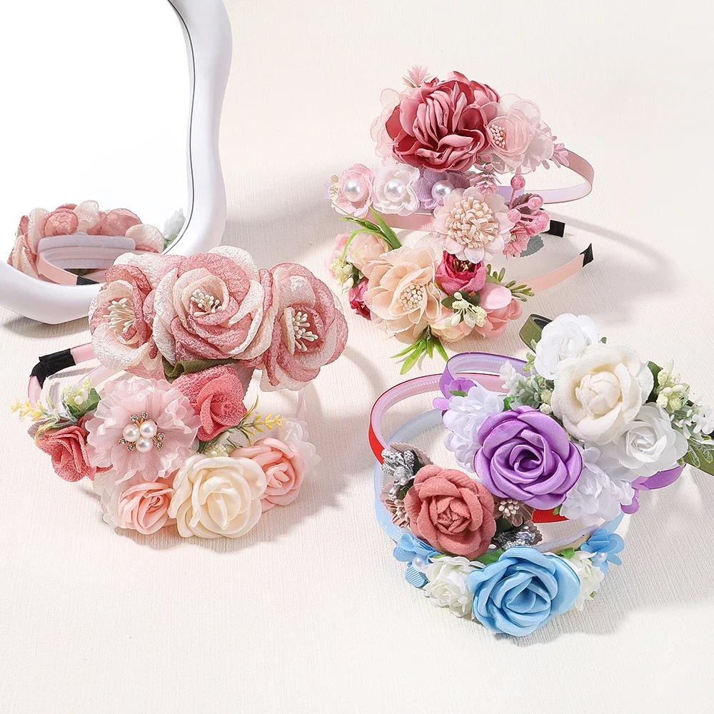 Diadema de flores con aro para el pelo para niña, accesorios decorativos para el cabello con perlas para vestido de novia, 1 unidad