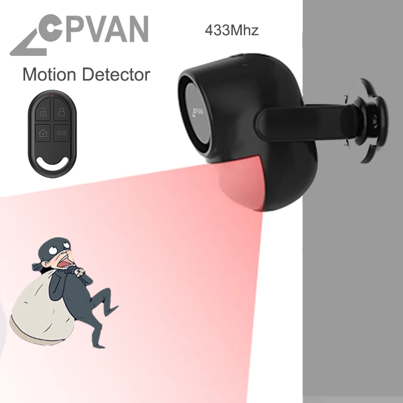 CPVAN-Detector Infravermelho Sem Fio, Sensor de Movimento, Alarme com Controle Remoto, Roubo Segurança Doméstica, 433MHz, 125dB