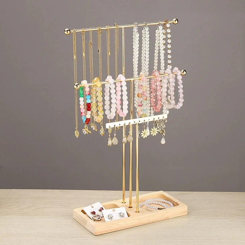 

1pc Fashion 3-Layer T-Shaped Metal Jewelry Rack With Wood Base, Removable Earrings Bracelet Necklace Rings Display Storage Stand