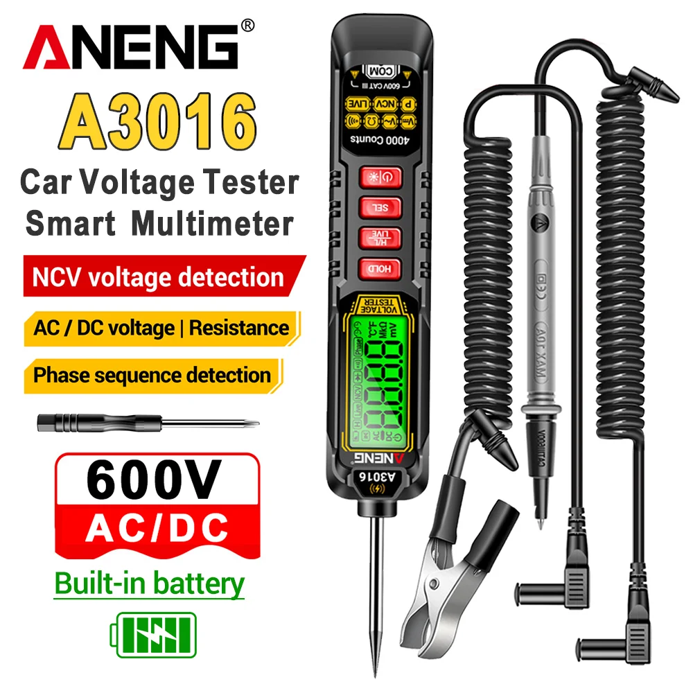 【セール中】デジタル車載電圧テスターペンマルチメーター ANENG A3016 AC/DC電圧600V スマート非接触相順検出電圧テスト