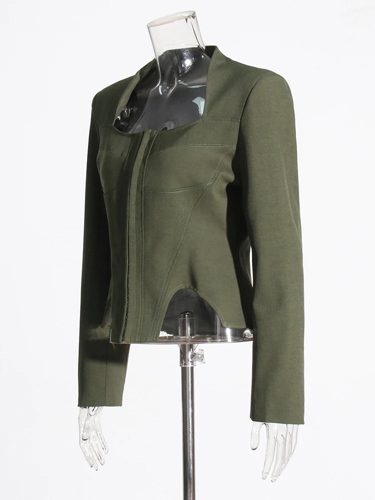 TWOTWINSTYLE Solid Slimming Sexy Irregular Coats For Women Square Collar Long Sleeve Temperament Jackets Female Fashion 2023 New