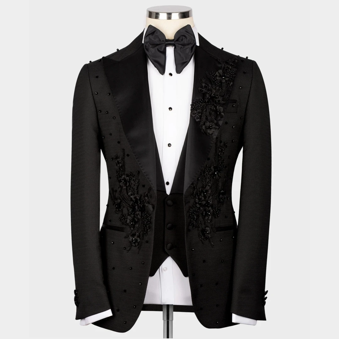 Luxury Lace Appliques Pearls Groom Tuxedo for Wedding 3pcs Blazer Vest Pants Formal  Prom Party Men's Suit