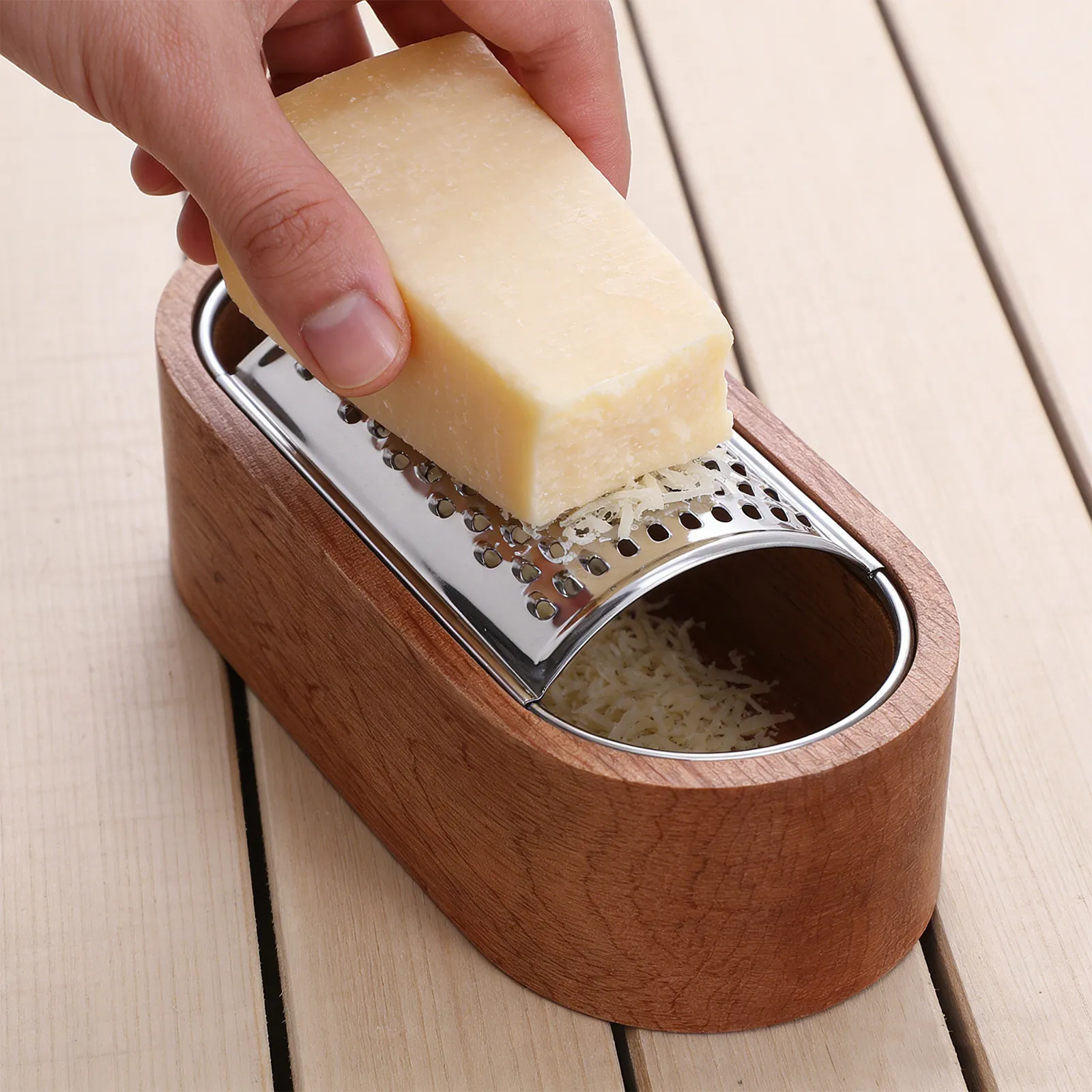 Stainless Steel Cheese Grater with Wooden Holder, Citrus Zester & Storage Container for Kitchen