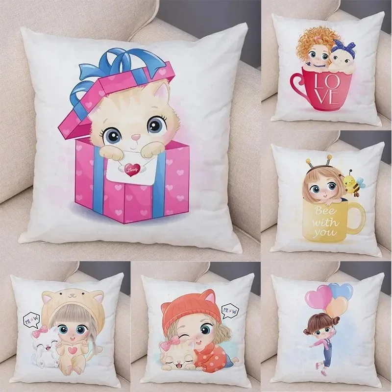 Cute Girl and Cat Pillowcase Car Ornaments Office Living Room Sofa Home Pillowcase