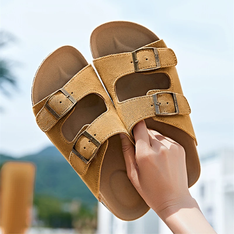 Womens Cow Suede Leather Clogs Beach Mules Cork Footbed Sandals Potato Shoes with Arch Support Adjustable Buckle Garden Slipper