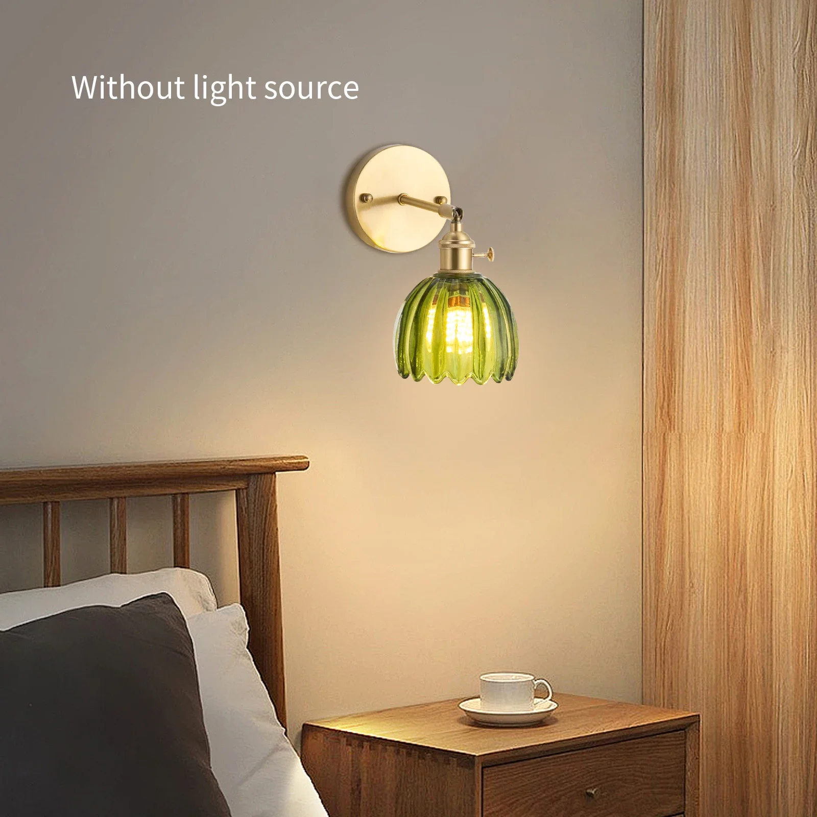 

Indoor with Green Tulip Glass Lampshade Vintage Brass Sconces Wall Lighting Fixture Adjust Lampshade Up and Down