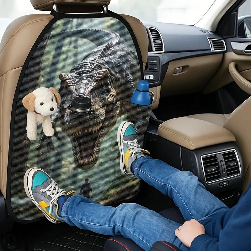 Car Seat Back Covers With Storage Pockets, Ferocious T-Rex Dinosaur Print For Car Interior Protection