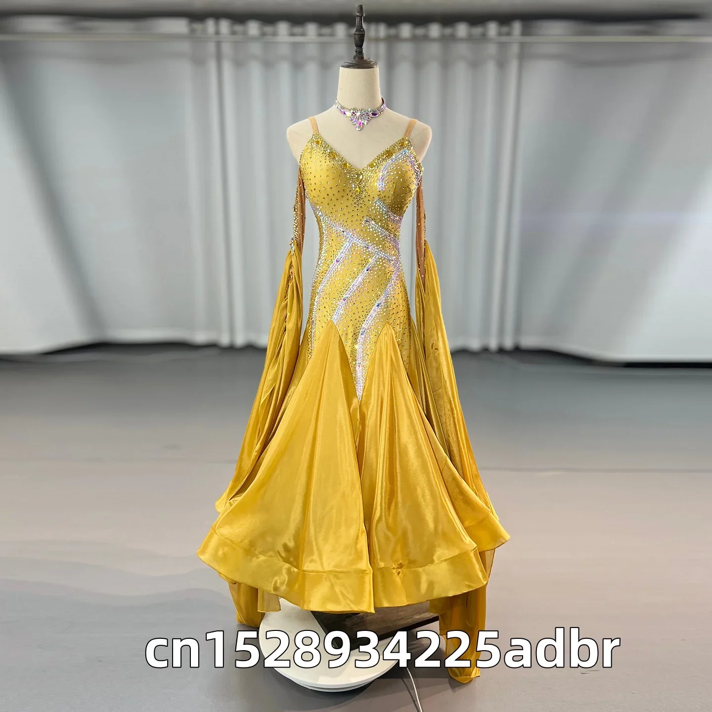 New Ballroom Dress High-end Customized Yellow Large Hem with Rhinestone Cha Cha Tango Waltz Adult Stage Professional Clothing