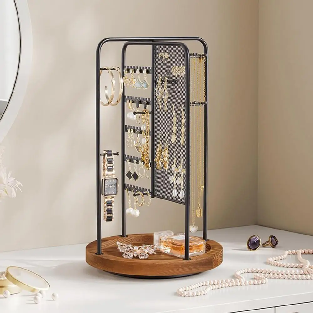 360-Degree Rotating Necklace Earring Holder with Wooden Base Metal Multi-layers High Stability Jewelry Display Stand