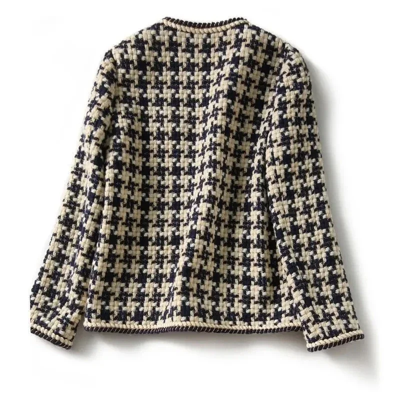

Bright Silk Bright Line Decoration Plaid Vintage O-Neck Long Sleeve Women's Jacket Covered Button Short Jackets Coat for Women
