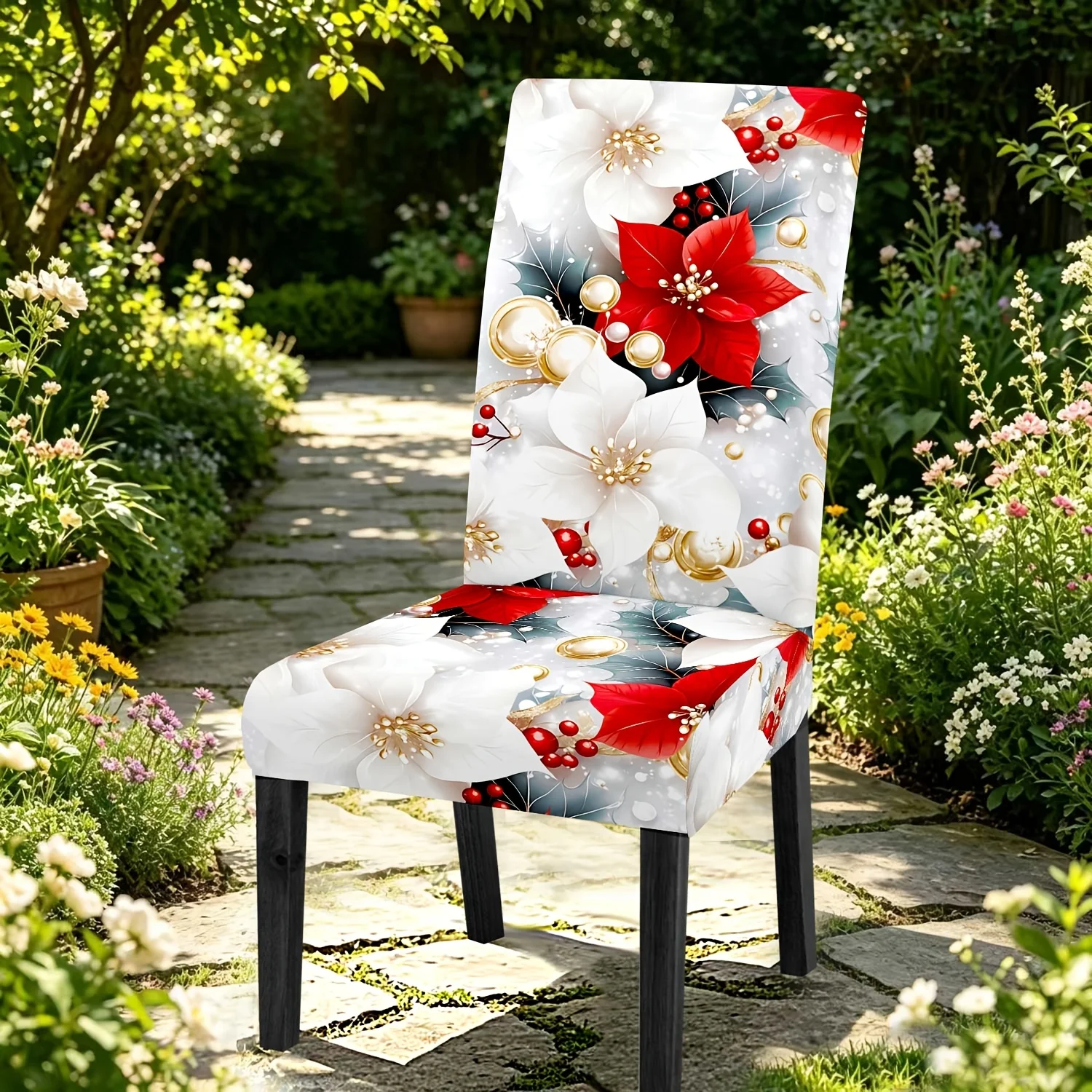 Merry Christmas Stretch Chair Cover Poinsettia Floral Pattern Removable Dining Chair Protector for Xmas Party