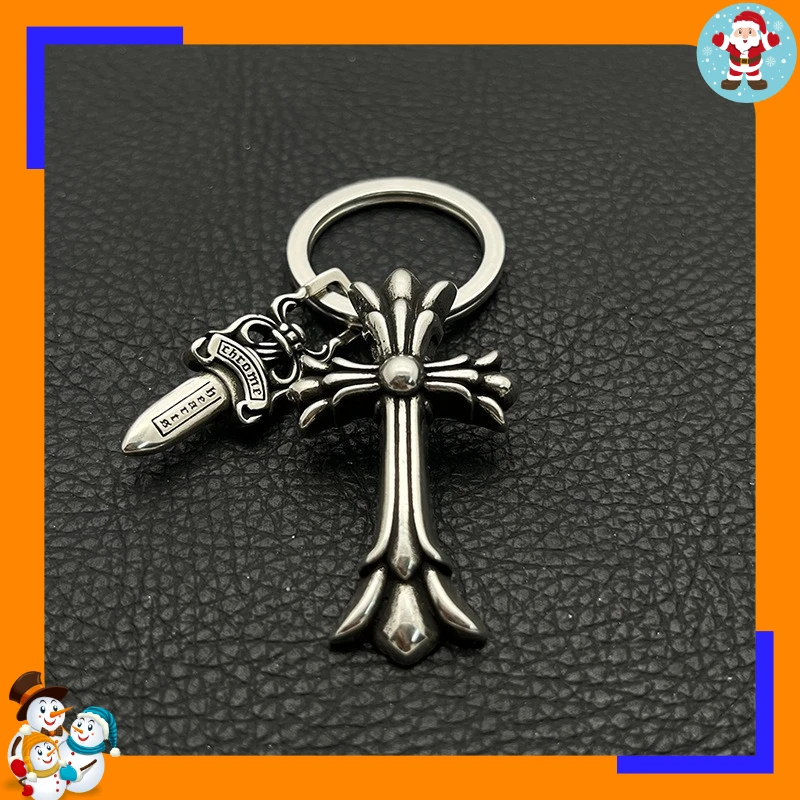 Vintage Old Double Cross Iris Sword Keychain Hip Hop Punk Classic Personality Retro Bag Hanging Accessories